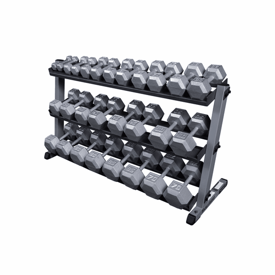 Body Solid Hex Dumbbells 5-70lb Set W/3 Tier Rack- EXAMPLE